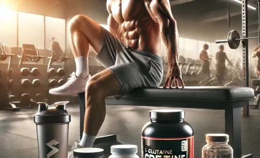 DALL·E 2025-02-21 01.17.31 - A powerful and inspiring image for a blog article about muscle recovery supplements. The image showcases a well-lit gym setting with a close-up of sup